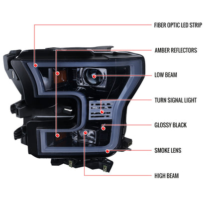 2LHP-F15009SM-OZ 2009-14 Ford F150 U-Ring Projector LED Strip Black Smokedd
