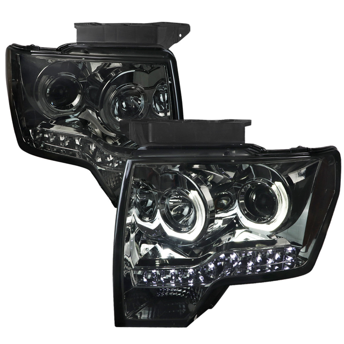 Spec-D 09-14 Ford F150 U-Ring Halo Projector Headlights LED Smoked