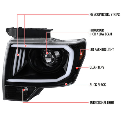 Spe-D 2009-2014 Ford F150 Projector Spec-D Headlights LED Bar Black Clear