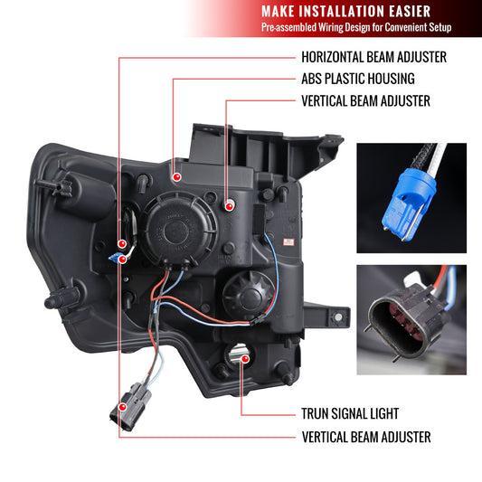 2009-2014 Ford F150 Projector Spec-D Headlights LED Bar Black Clear