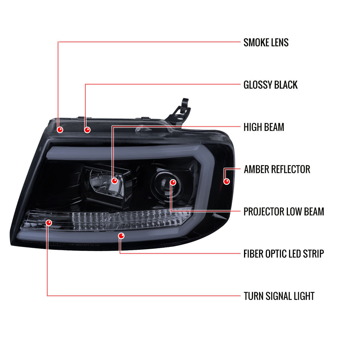 2004-08 Ford F150 Projector LED Bar Headlights Black Smokedd
