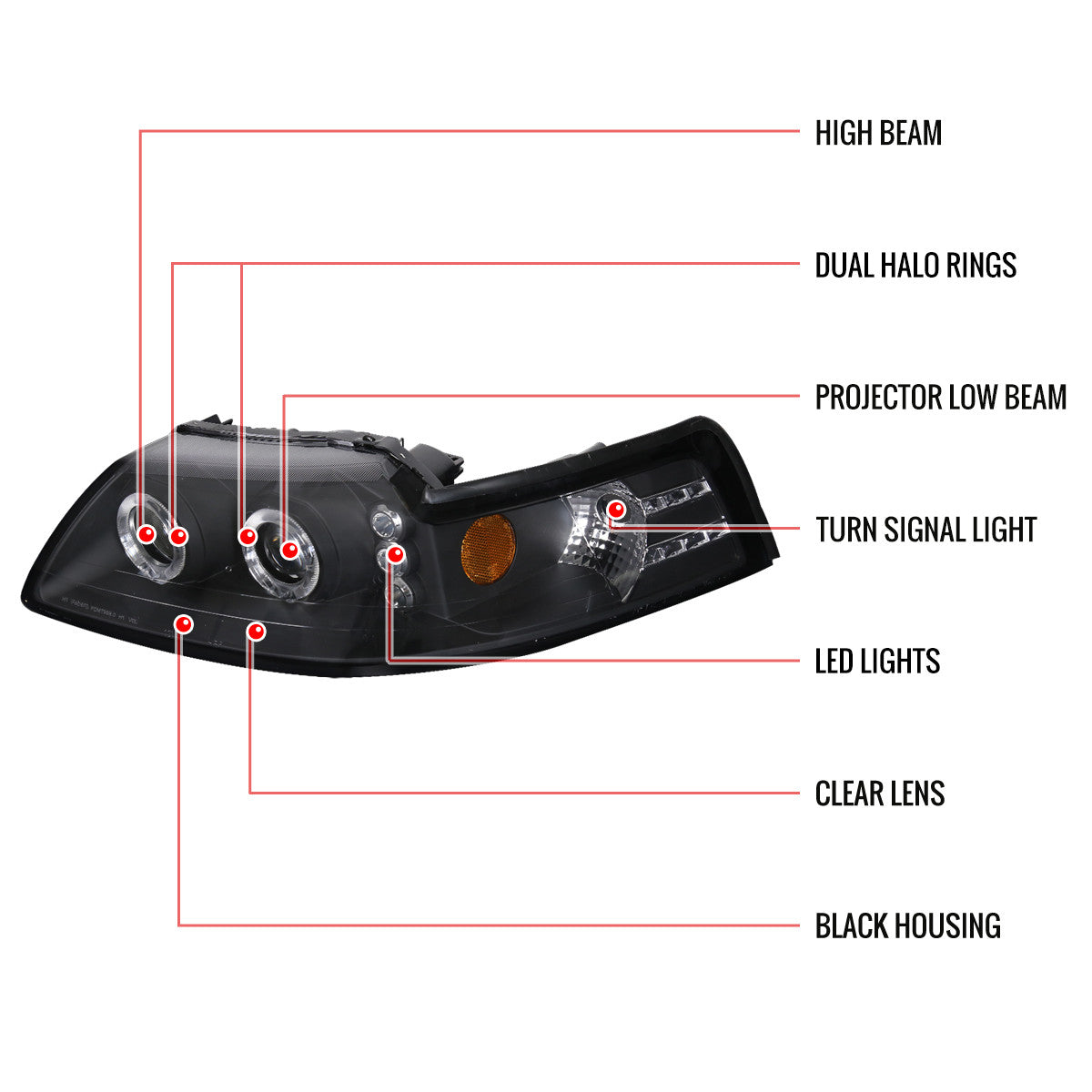 Spe-D 1999-2004 Ford Mustang Dual Halo Projector Spec-D Headlights Black