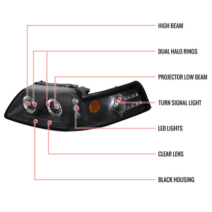 Spe-D 1999-2004 Ford Mustang Dual Halo Projector Spec-D Headlights Black