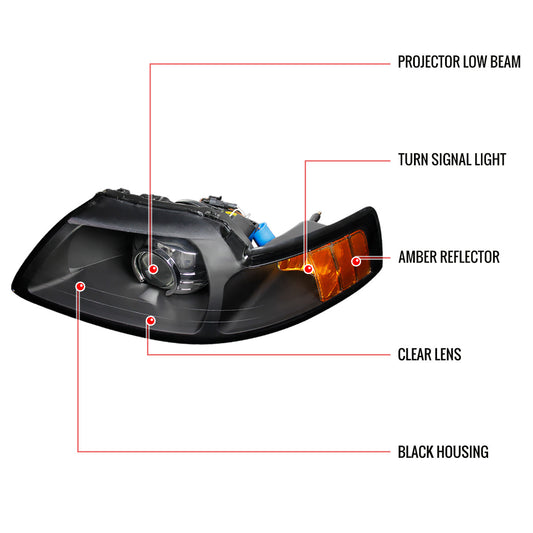 1999-2004 Ford Mustang Projector Spec-D Headlights Black