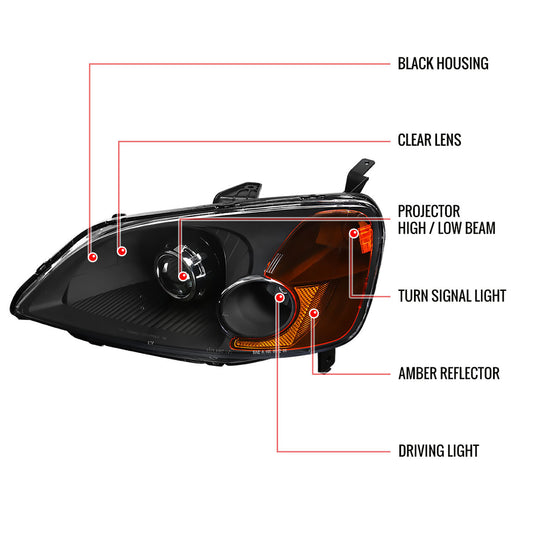 2001-2003 Honda Civic Projector Spec-D Headlights Black