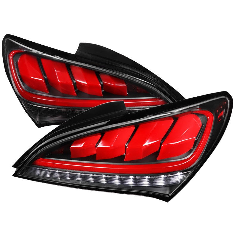Spec-D 10-16 Hyundai Genesis LED Tail Lights Black Clear Lens Red Bar