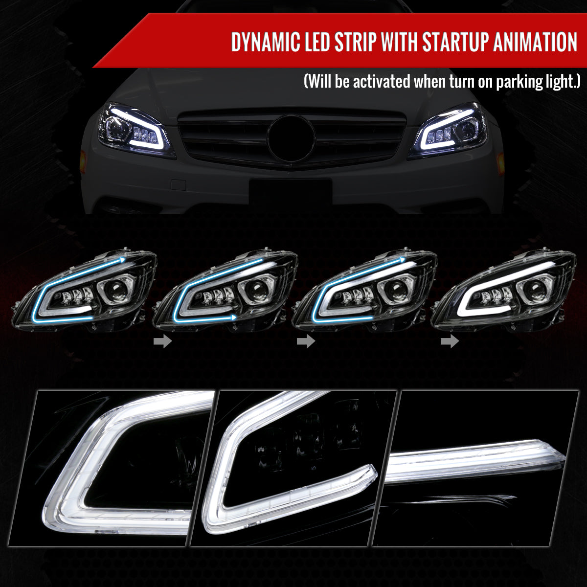 Spec-D 2008-2011 Mercedes Benz W204 C-Class Switchback Sequential Full LED Projector Black Headlights