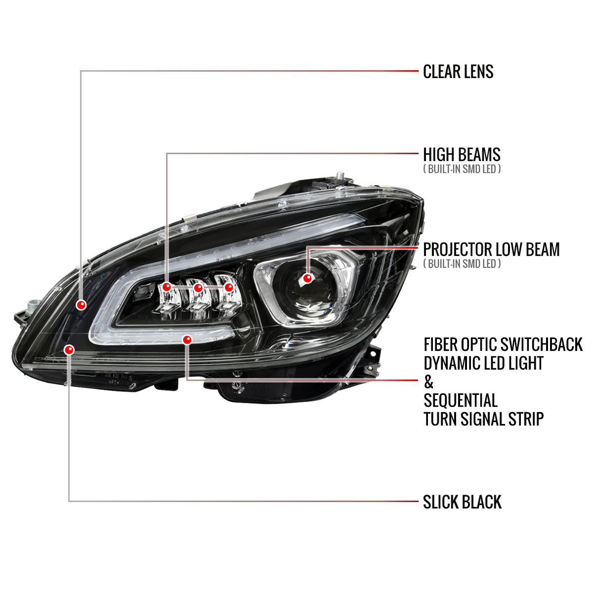 Spec-D 2008-2011 Mercedes Benz W204 C-Class Switchback Sequential Full LED Projector Black Headlights