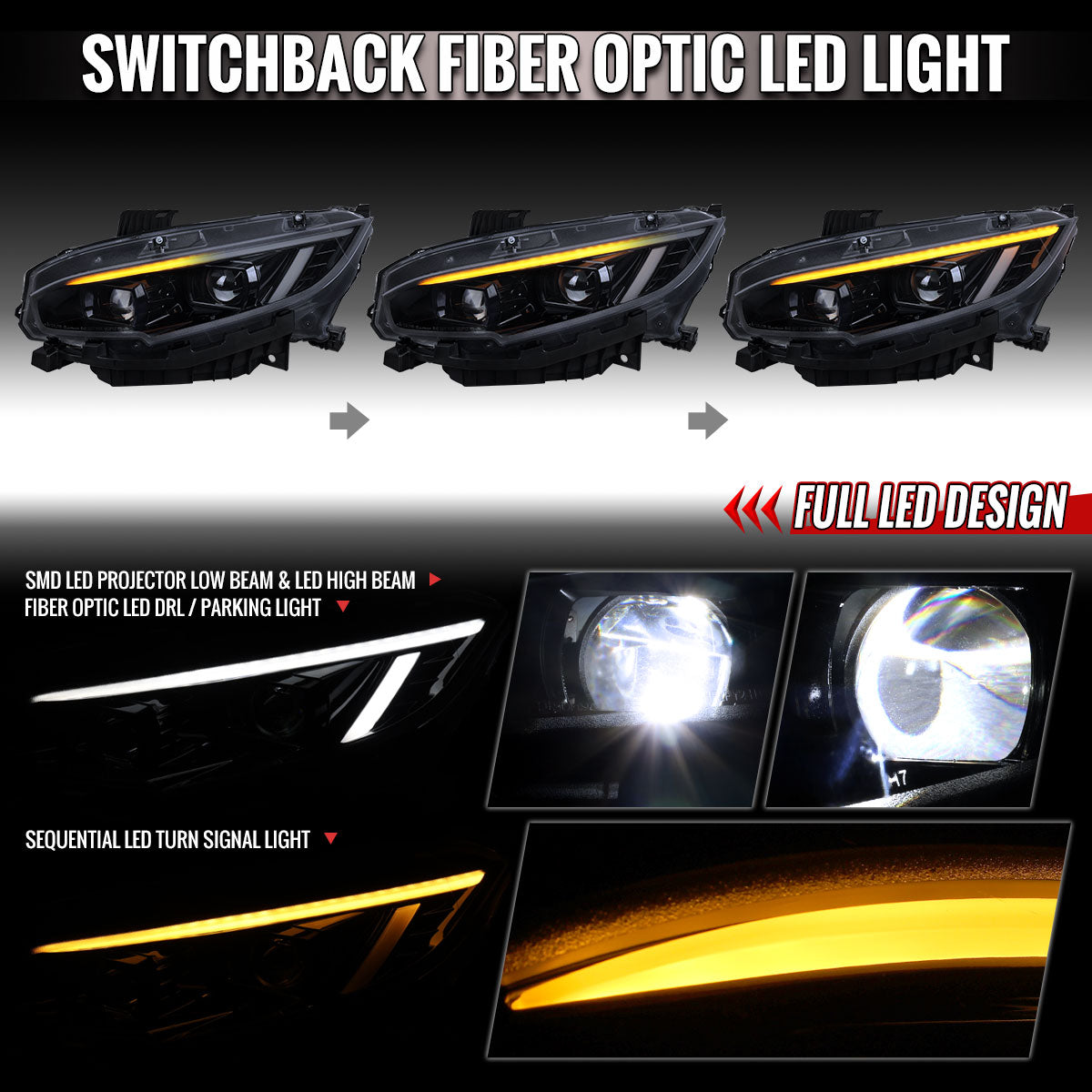 Spec-D 2016-2019 Honda Civic Black Projector Headlights Sequential LED