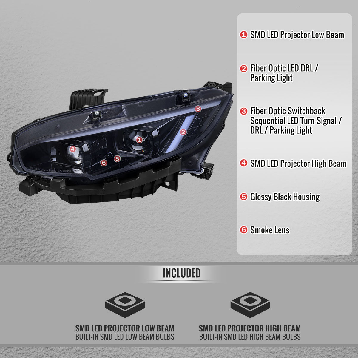 Spec-D Civic 16-21 Black Projector Headlights Sequential Turn Signal