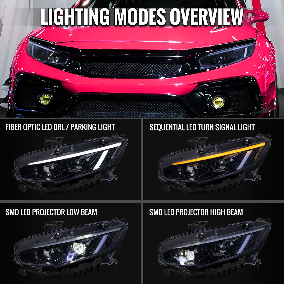 Honda Civic 2016-2021 Spec-D Black Projector Headlight Assembly