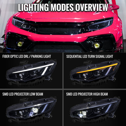 Honda Civic 2016-2021 Spec-D Black Projector Headlight Assembly