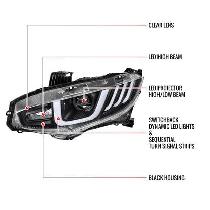 Spec-D 2016-2021 Honda Civic Full LED Projector w/ Switchback Sequential Turn Signal Black Headlights