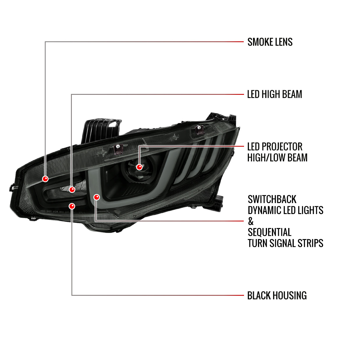Spec-D 2016-2021 Honda Civic Full LED Projector w/ Switchback Sequential Turn Signal Black w/ Smoked Lens Headlights