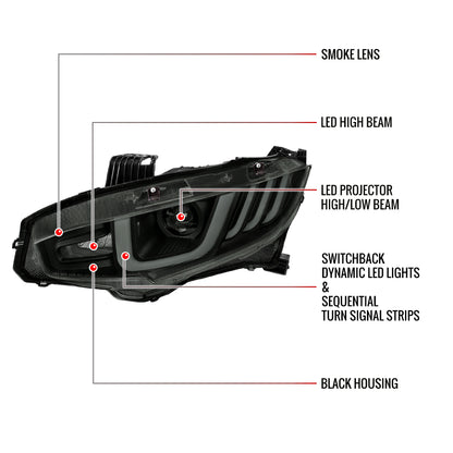 Spec-D 2016-2021 Honda Civic Full LED Projector w/ Switchback Sequential Turn Signal Black w/ Smoked Lens Headlights