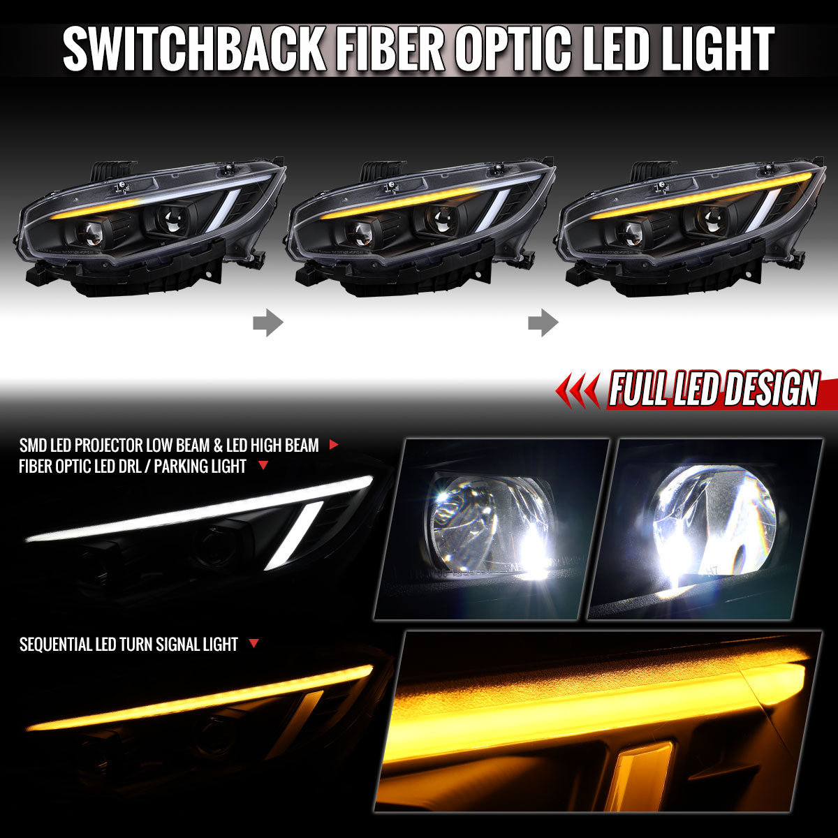 Spec-D 2016-2021 Honda Civic Black Projector Headlight Set Sequential LED