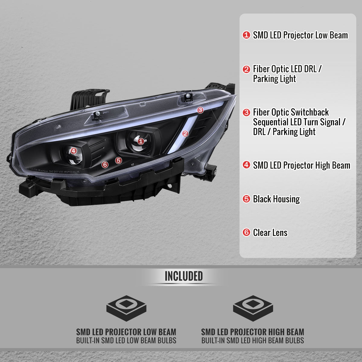 Spec-D Civic 16-21 Black Housing Projector Headlights Sequential