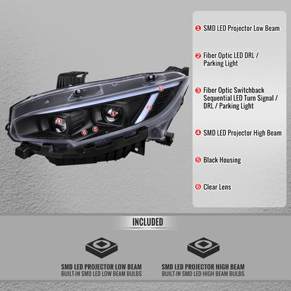 Spec-D Civic 16-21 Black Housing Projector Headlights Sequential
