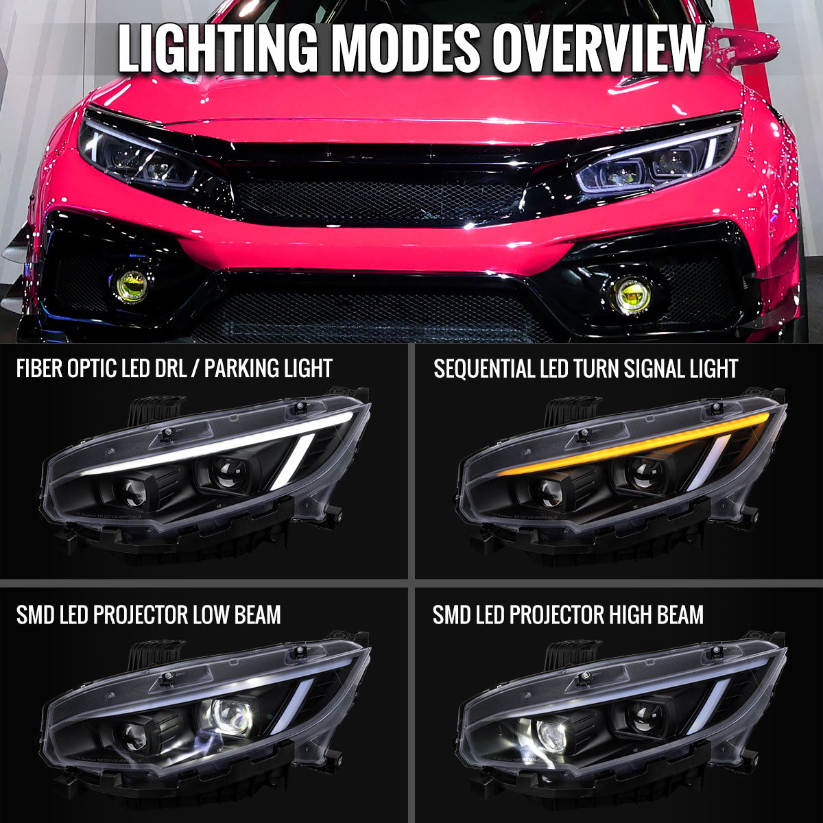 Honda Civic 2016-2021 Spec-D Black Projector Headlight Pair