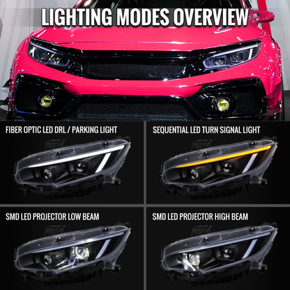 Honda Civic 2016-2021 Spec-D Black Projector Headlight Pair