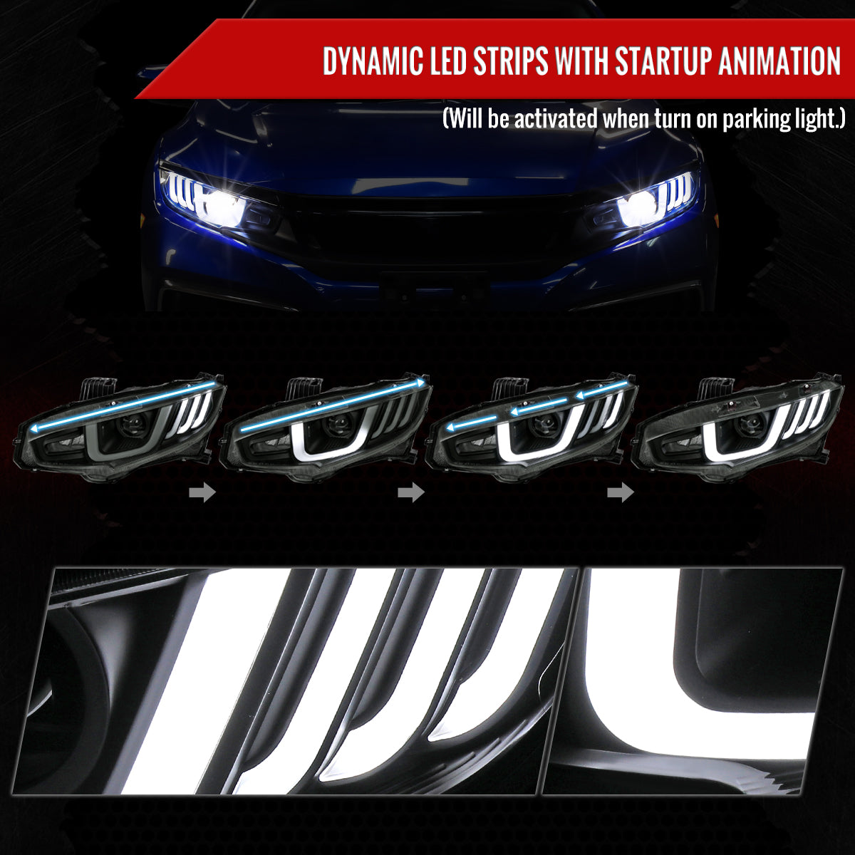 Spec-D 2016-2021 Honda Civic LED w/ LED Switchback Sequential Turn Signal Black w/ Smoked Lens Headlights