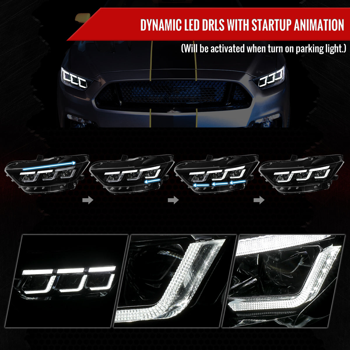 Spec-D 2017 Mustang Start-Up Animation Pro black sequential headlights