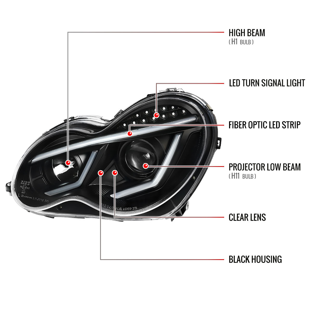 Spec-D 2001-2007 Mercedes Benz W203 C Class 4DR Projector w/ LED Light Bar & LED Turn Signal Lights Black Headlights