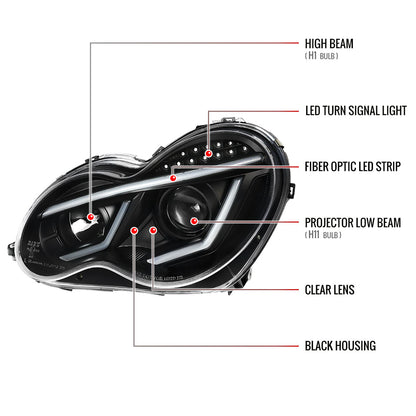Spec-D 2001-2007 Mercedes Benz W203 C Class 4DR Projector w/ LED Light Bar & LED Turn Signal Lights Black Headlights