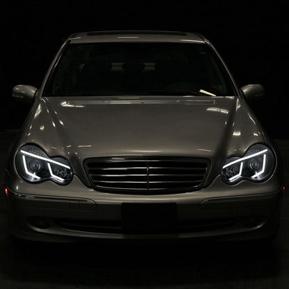Spec-D 2001-2007 Mercedes Benz W203 C Class 4DR Projector w/ LED Light Bar & LED Turn Signal Lights Black Headlights