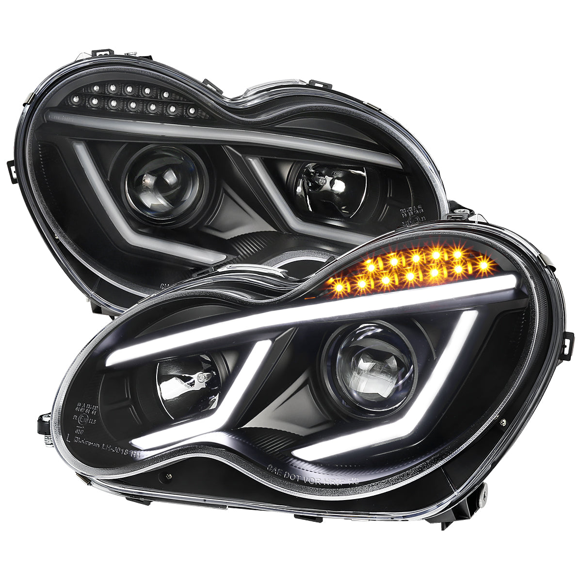Spec-D 2001-2007 Mercedes Benz W203 C Class 4DR Projector w/ LED Light Bar & LED Turn Signal Lights Black Headlights