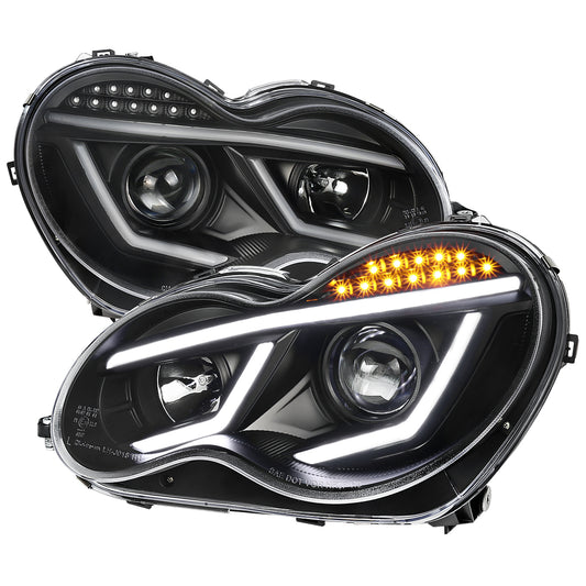 Spec-D 2001-2007 Mercedes Benz W203 C Class 4DR Projector w/ LED Light Bar & LED Turn Signal Lights Black Headlights