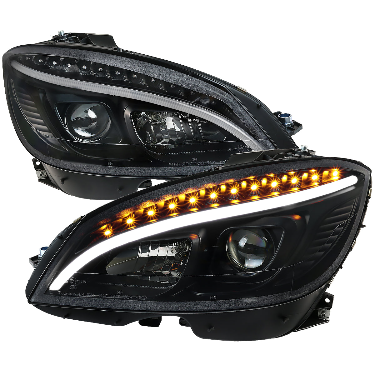 Spec-D 2008-2011 Mercedes Benz W204 C Class Projector w/ LED Light Bar & LED Turn Signal Lights Black Headlights