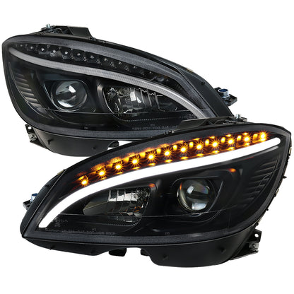 Spec-D 2008-2011 Mercedes Benz W204 C Class Projector w/ LED Light Bar & LED Turn Signal Lights Black Headlights