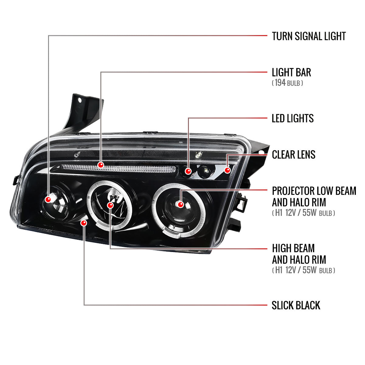 Spec-D 2005-2010 Dodge Charger Dual Halo Projector J Black Headlights