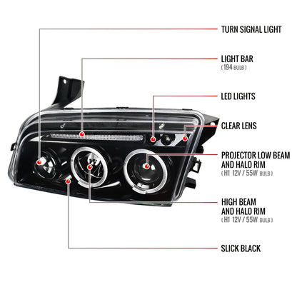 Spec-D 2005-2010 Dodge Charger Dual Halo Projector J Black Headlights
