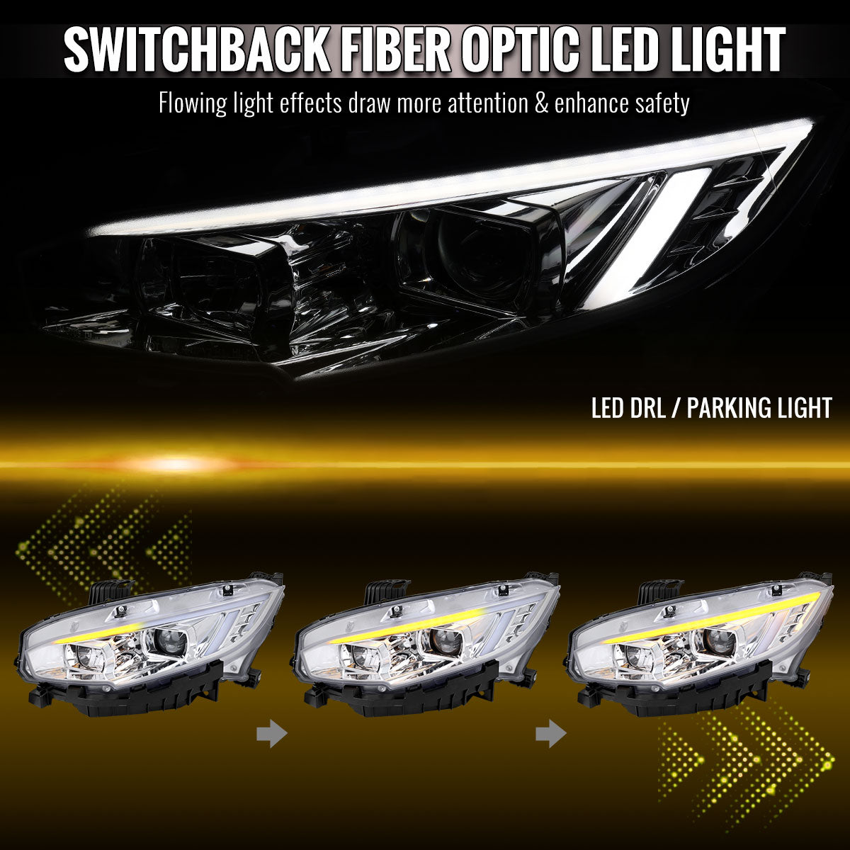 Spec-D 2016-2021 Honda Civic Chrome Projector Headlights Clear Lens Sequential