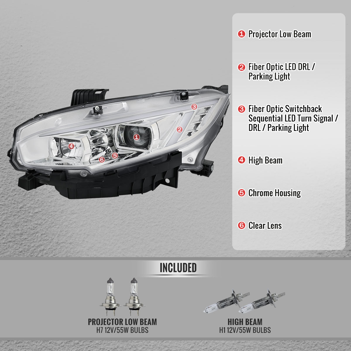 Spec-D Civic 2016-2021 Projector Headlights Chrome Clear Switchback Sequential