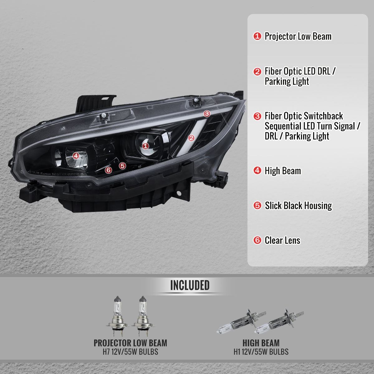 Spec-D Honda Civic 2016-2021 headlight pair clear lens projector sequential turn