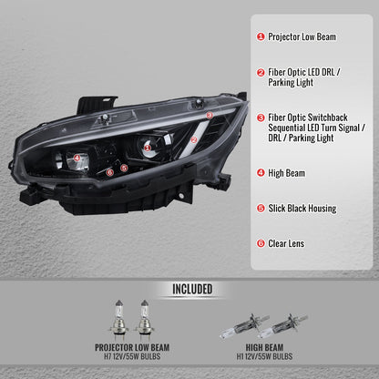 Spec-D Honda Civic 2016-2021 headlight pair clear lens projector sequential turn