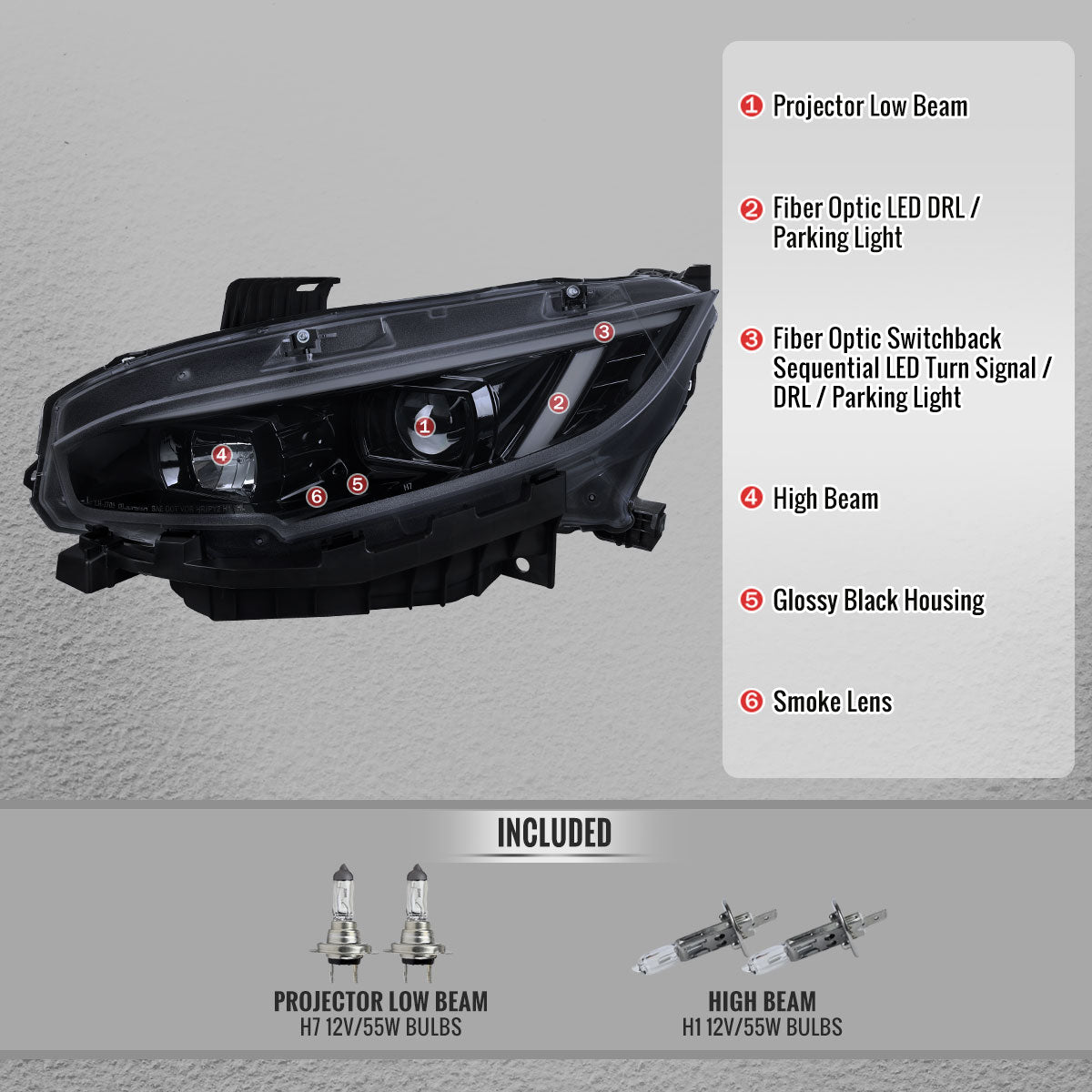 Spec-D Honda Civic 2016-2021 Headlight Pair Smoked Lens Projector Sequential Turn