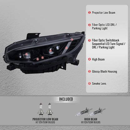 Spec-D Honda Civic 2016-2021 Headlight Pair Smoked Lens Projector Sequential Turn