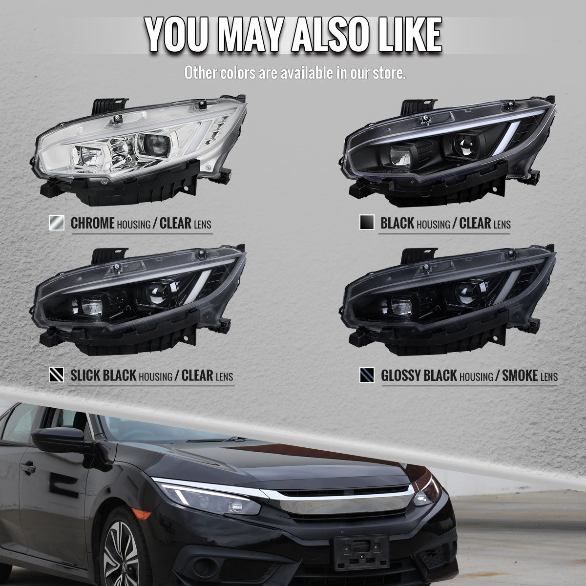 Replacement smoked projector headlights for 2016-2021 Honda Civic sequential DRL
