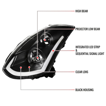 Spec-D 2003-2007 Infiniti G35 2DR LED Bar Projector w/ Sequential Turn Signals Black Headlights
