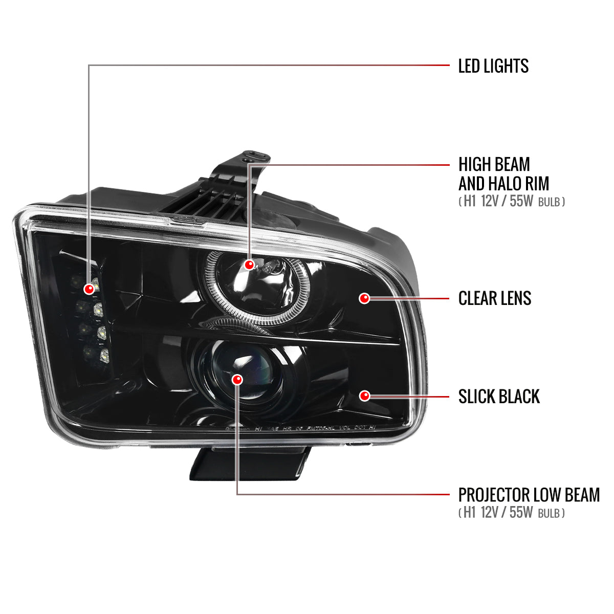 Spec-D 2005-2009 Ford Mustang Halo Projector J Black Headlights