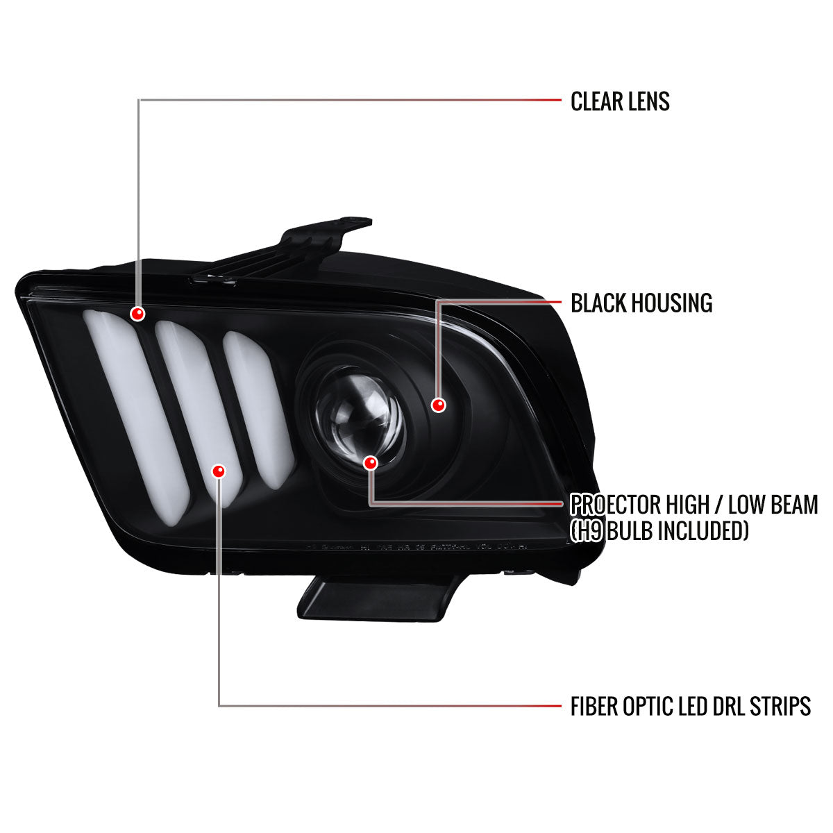 Spec-D 2005-2009 Ford Mustang LED Bar Projector Black Headlights
