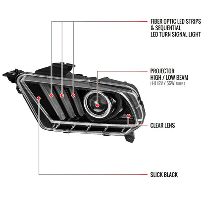 Spec-D 2010-2014 Ford Mustang LED Bar Projector w/ Sequential Turn Signals J Black Headlights