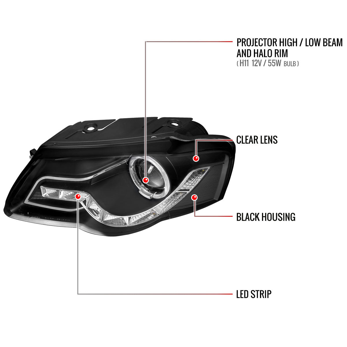 Spec-D 2006-2010 Volkswagen Passat Halo Projector w/ R8 Style LED Light Strip Black Headlights