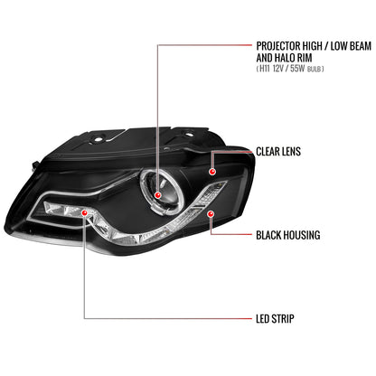 Spec-D 2006-2010 Volkswagen Passat Halo Projector w/ R8 Style LED Light Strip Black Headlights