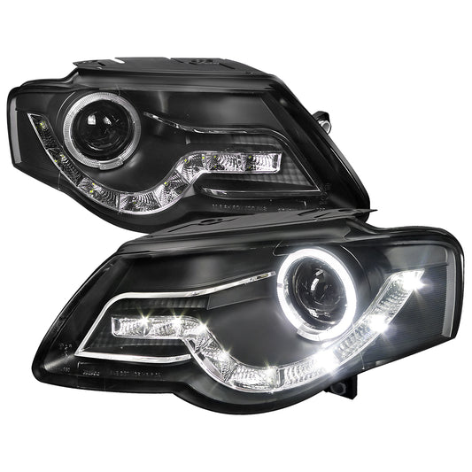 Spec-D 2006-2010 Volkswagen Passat Halo Projector w/ R8 Style LED Light Strip Black Headlights