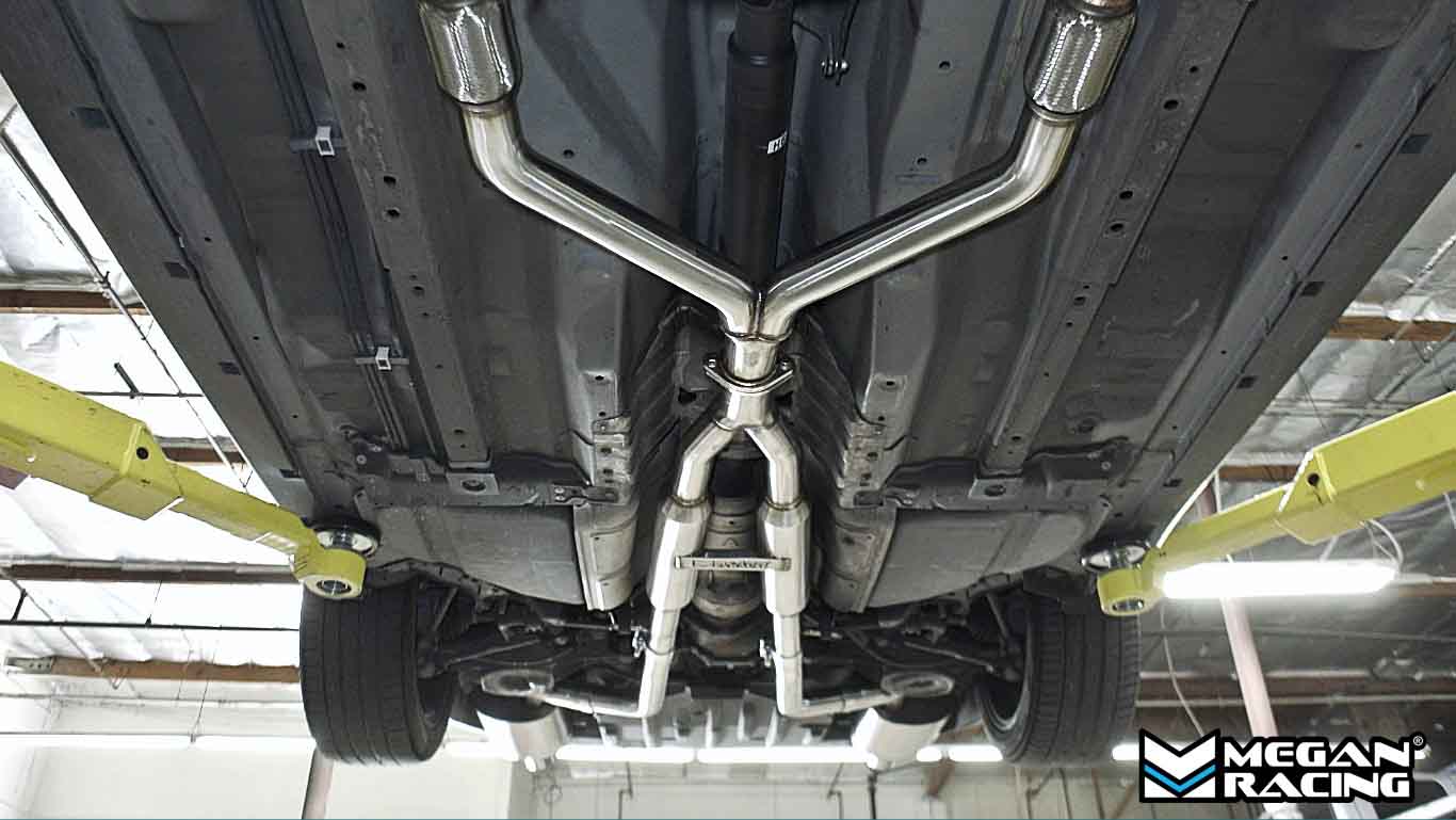 Undercarriage of a vehicle with a Megan Racing exhaust system on g35 g37 catback installed